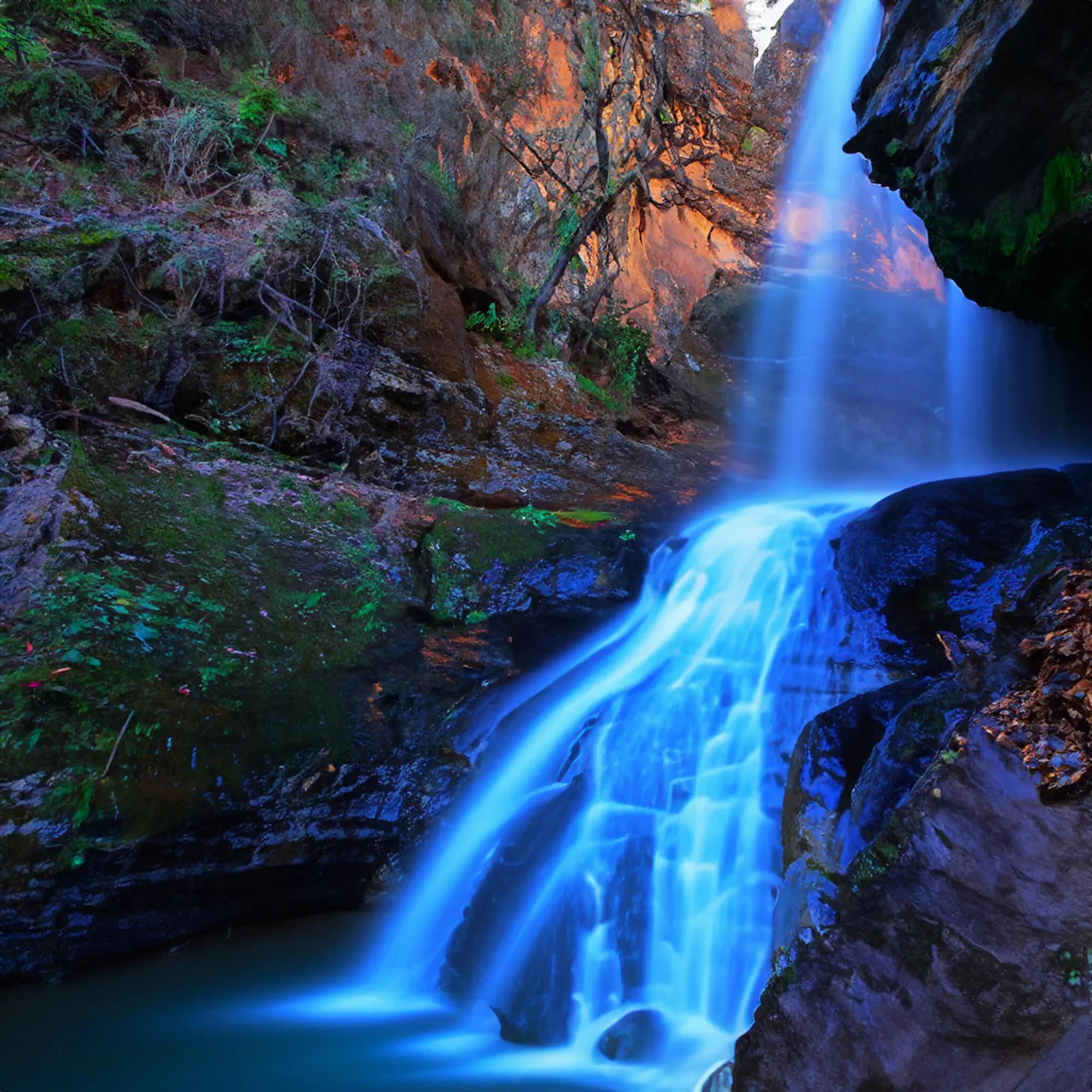 Wasserfall in einer Schlucht mit leuchtenden Wasser