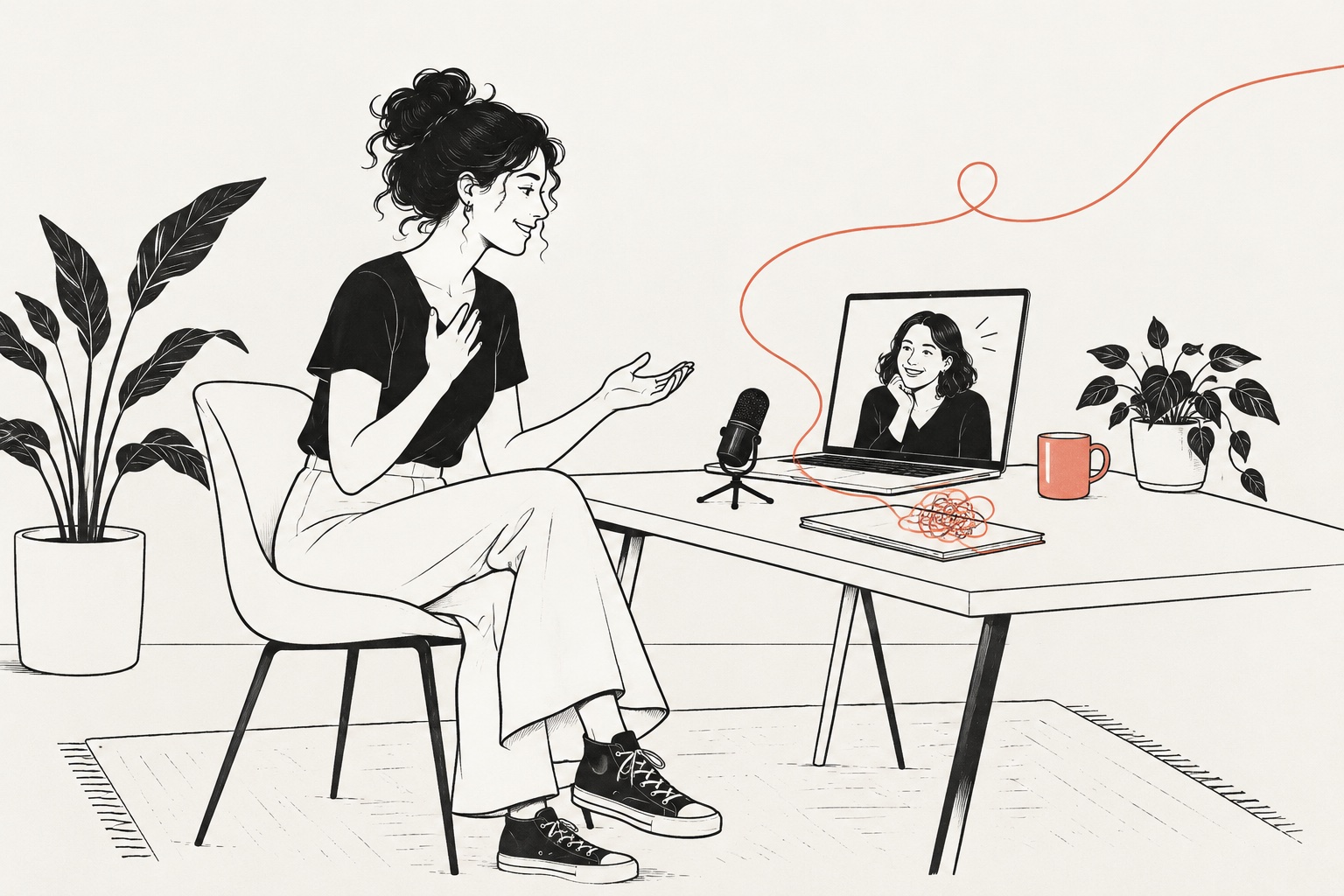 Eine Frau im kreativen Online-Coaching: Gespräch per Laptop, Mikrofon und ein sich öffnender Gedankenfaden.